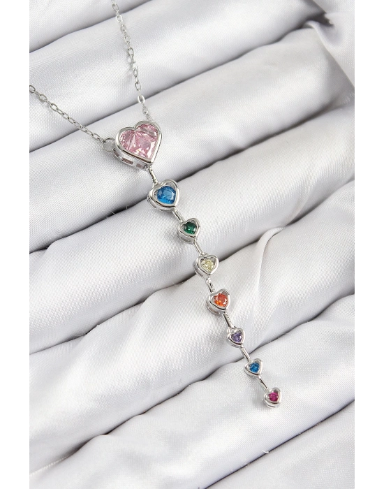 ® Pirinç Renkli Zirkon Taşlı Kalp Model Gümüş Renk Kadın Y Kolye