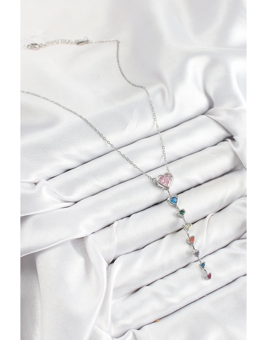 ® Pirinç Renkli Zirkon Taşlı Kalp Model Gümüş Renk Kadın Y Kolye