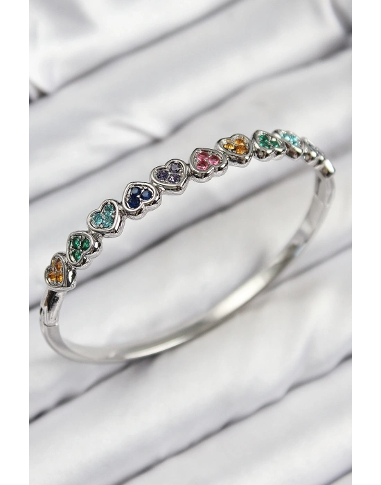 ® Pirinç Renkli Zirkon Taşlı Sıralı Kalp Model Gümüş Renk Kadın Kelepçe