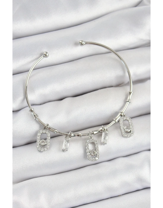® Pirinç Zirkon Taşlı Dikdörtgen Model Gümüş Renk Charm Bileklik