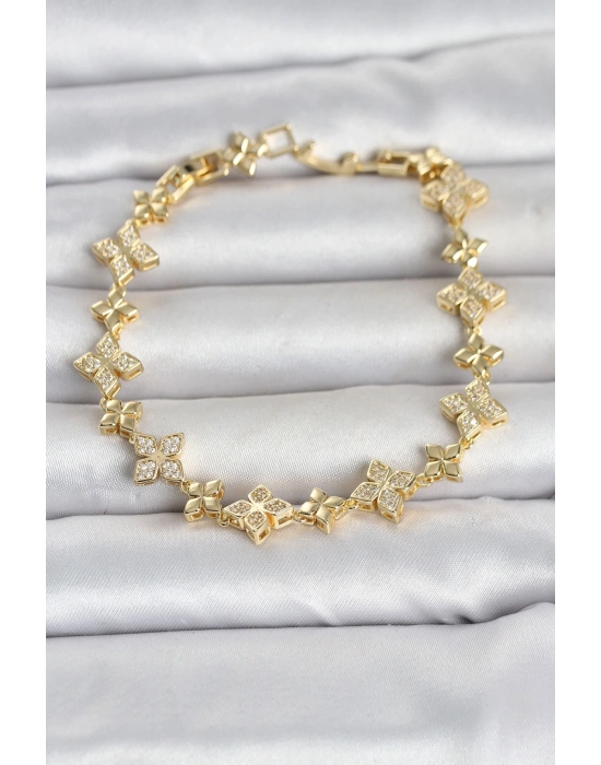 Pirinç Zirkon Taşlı Yonca Model Gold Renk Kadın Bileklik