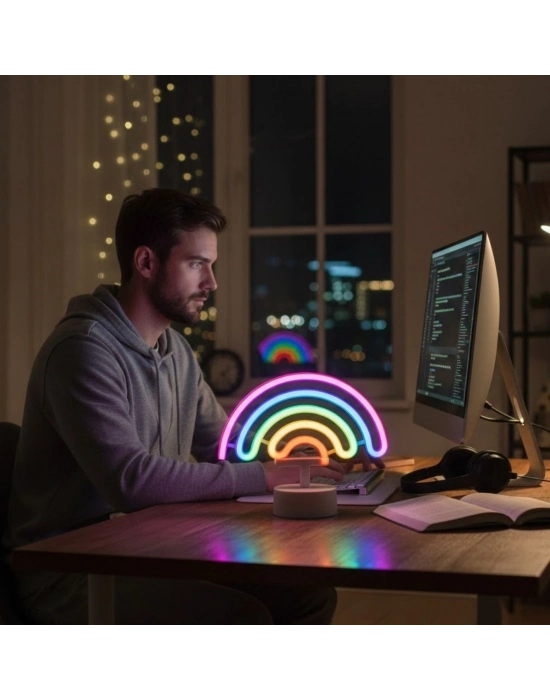 ® Plastik Gökkuşağı Neon LED Işık – Dekoratif Renkli Masaüstü ve Ambiyans Aydınlatması