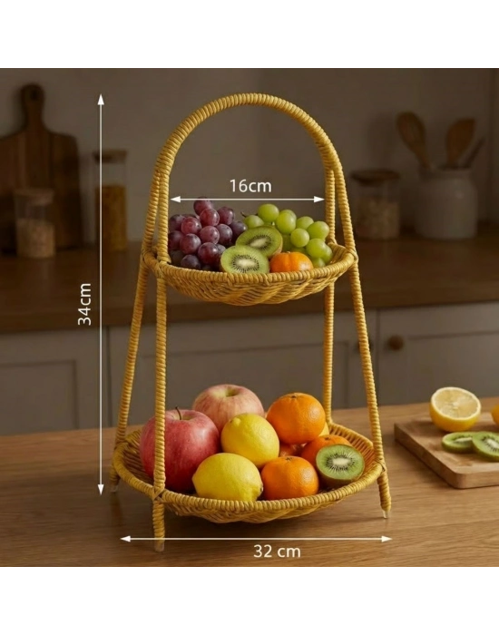 ®  Plastik Rattan İki Katlı Sunumluk–Dekoratif Organizer, Mutfak Meyve,Sebze Sepeti, Banyo Düzenleyici Raf,Masaüstü Çok Amaçlı Sunum Standı