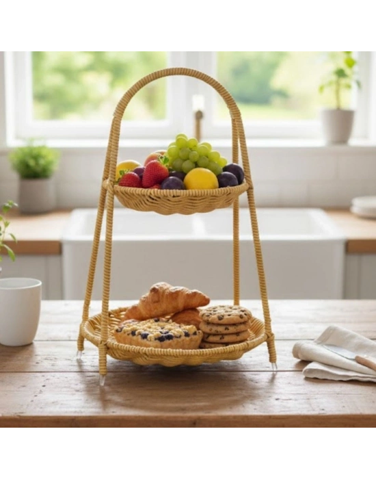 ®  Plastik Rattan İki Katlı Sunumluk–Dekoratif Organizer, Mutfak Meyve,Sebze Sepeti, Banyo Düzenleyici Raf,Masaüstü Çok Amaçlı Sunum Standı