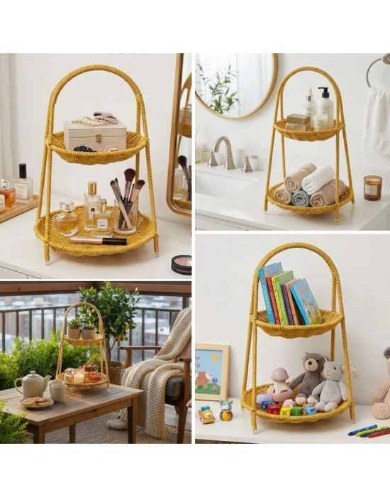 ®  Plastik Rattan İki Katlı Sunumluk–Dekoratif Organizer, Mutfak Meyve,Sebze Sepeti, Banyo Düzenleyici Raf,Masaüstü Çok Amaçlı Sunum Standı