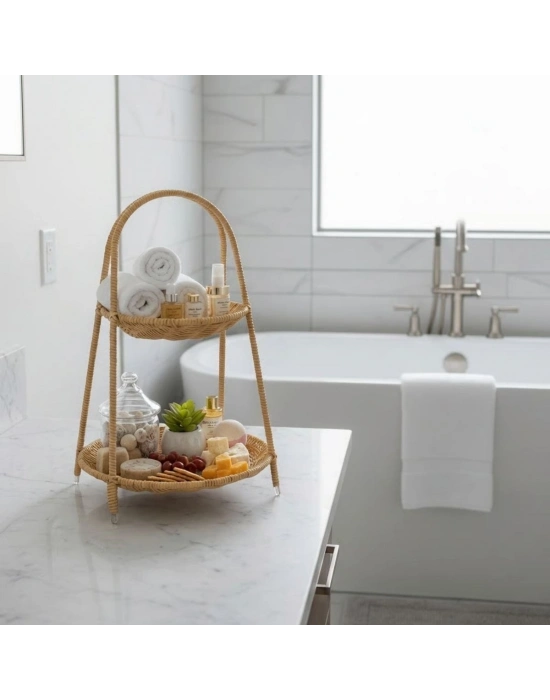 ®  Plastik Rattan İki Katlı Sunumluk–Dekoratif Organizer, Mutfak Meyve,Sebze Sepeti, Banyo Düzenleyici Raf,Masaüstü Çok Amaçlı Sunum Standı