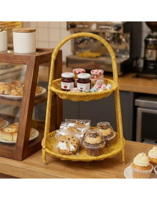 ®  Plastik Rattan İki Katlı Sunumluk–Dekoratif Organizer, Mutfak Meyve,Sebze Sepeti, Banyo Düzenleyici Raf,Masaüstü Çok Amaçlı Sunum Standı