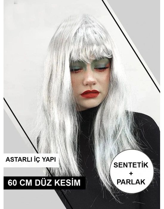 Platin Gri Gümüş Renk Uzun Parti Peruğu Uzun Takma Peruk