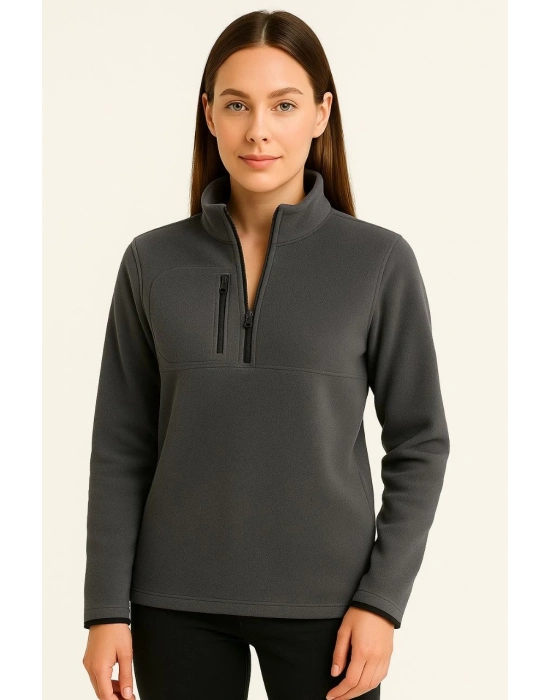 Polar Kazak – Dik Yaka, Yarım Fermuarlı, Fermuarlı Göğüs Cepli, Siyah Biyeli, Kışlık Rahat Regular Fit Günlük Model - Füme