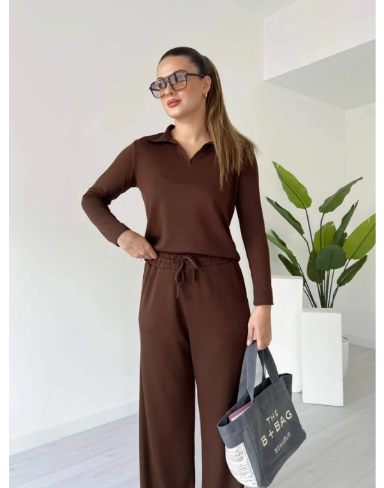 Polo yaka alt üst kollu modal takım kahve pt