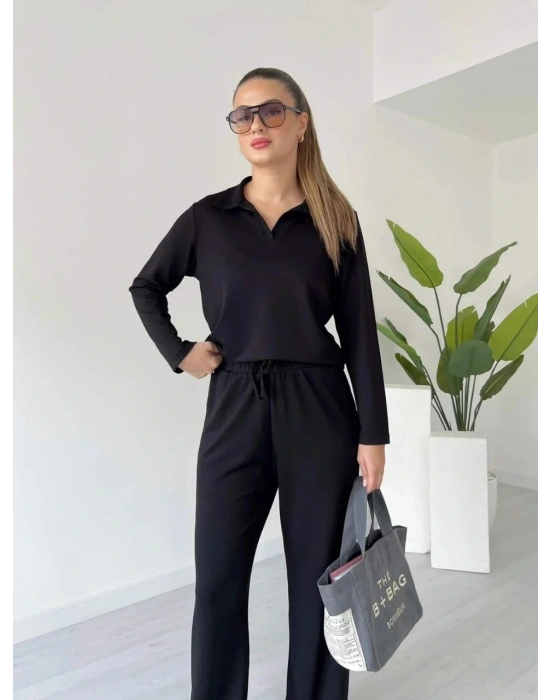 Polo yaka alt üst kollu modal takım siyah pt