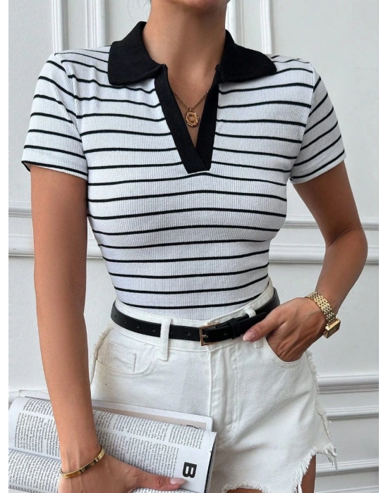 Polo yaka garnili bluz Beyazsiyah