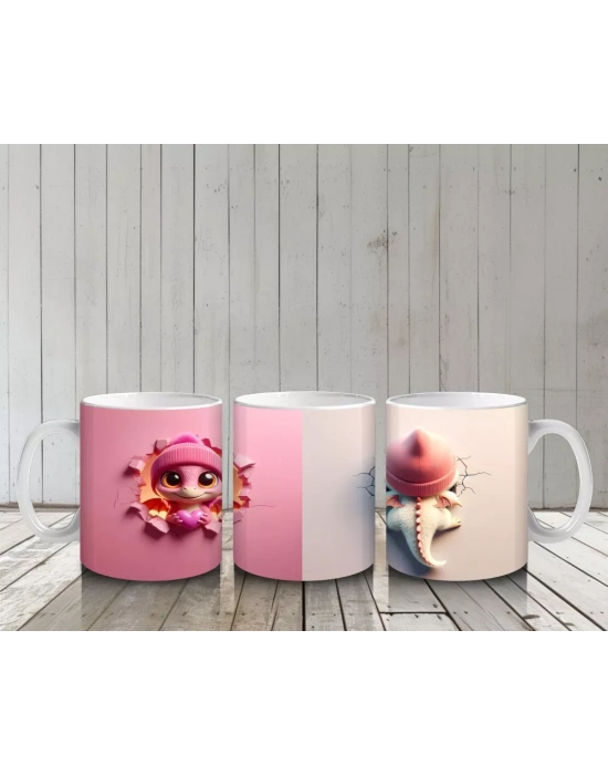 Ponponlu Pembe Kostümlü Kız Maskot ve Şapkalı Figür – Baskılı Kahve Kupası