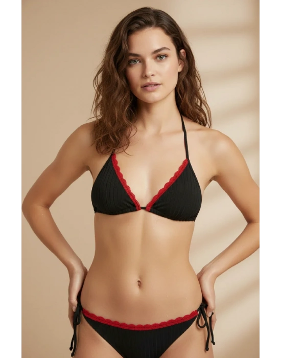 Premium Kadın 4’lü Fitilli Set – Siyah Kırmızı Biyeli (Pijama Üst, Pantolon, Bikini Takımı)