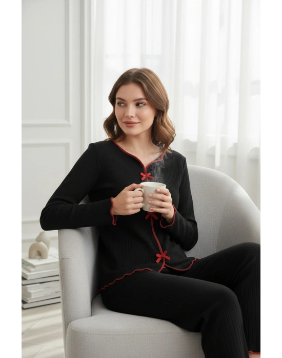 Premium Kadın 4’lü Fitilli Set – Siyah Kırmızı Biyeli (Pijama Üst, Pantolon, Bikini Takımı)