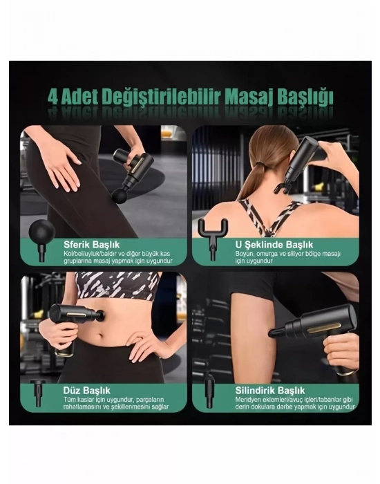 Profesyonel 6 Kademeli Şarjlı Masaj Tabancası - 4 Başlıklı Güçlü Masaj Aleti