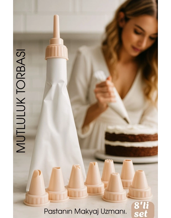 Profesyonel 8'li Krema Sıkma Torbası Seti | Pastacılık Dekorasyon Uçları Ve Fırfır Başlıkları