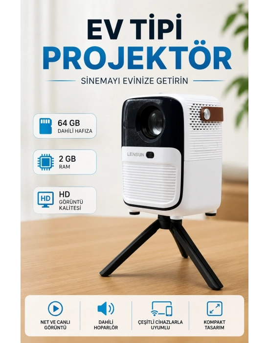 Projector Ev Tipi 64 Gb 2 Gb Rem Hafıza Hd Görüntü Kumandalı