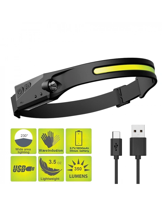 Ps-001 5 Aydınlatma Modlu Cob Led Sensörlü Usb Şarj  Edilebilir Dahili Pilli Kafa Lambası