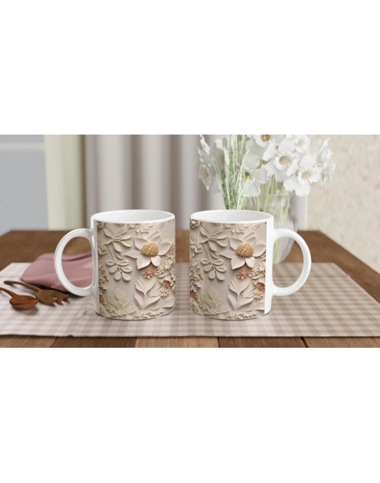 Pudra Detaylı Zarif Kabartmalı Çiçek Kupa Bardak