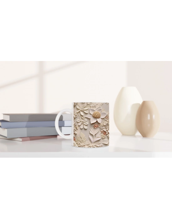 Pudra Detaylı Zarif Kabartmalı Çiçek Kupa Bardak