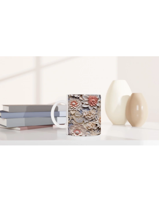 Pudra Tonlarında Zarif Rölyef Çiçekli Kupa Bardak