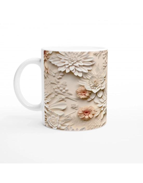 Pudra ve Fildişi Rölyef Çiçekli Kupa Bardak