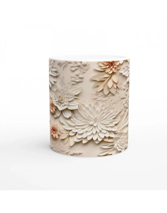 Pudra ve Fildişi Rölyef Çiçekli Kupa Bardak