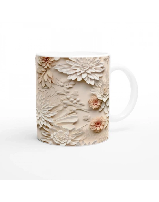 Pudra ve Fildişi Rölyef Çiçekli Kupa Bardak