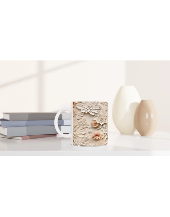 Pudra ve Fildişi Rölyef Çiçekli Kupa Bardak