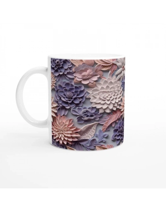 Pudra ve Leylak Renkli Rölyef Çiçek Desenli Kupa Bardak