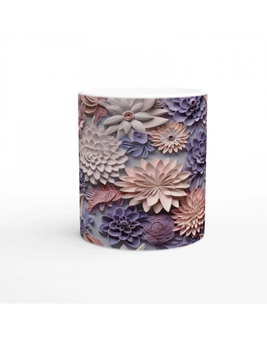 Pudra ve Leylak Renkli Rölyef Çiçek Desenli Kupa Bardak