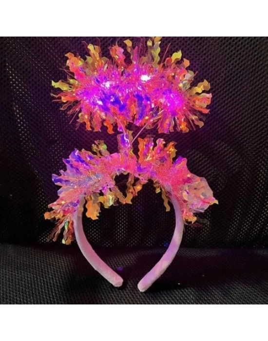 Püsküllü Led Işıklı Parlak Hologramlı Taç Pembe