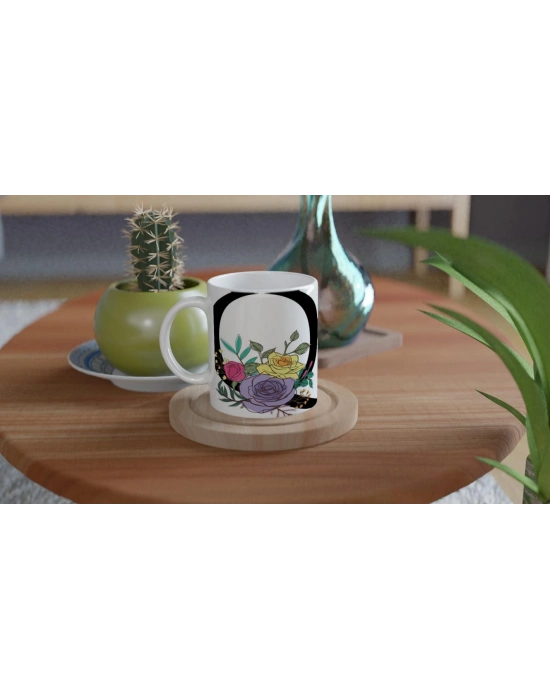 Q Harfi Çiçek Motifli Harfli Kupa Bardak