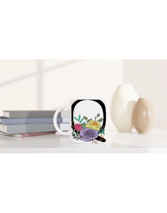 Q Harfi Çiçek Motifli Harfli Kupa Bardak