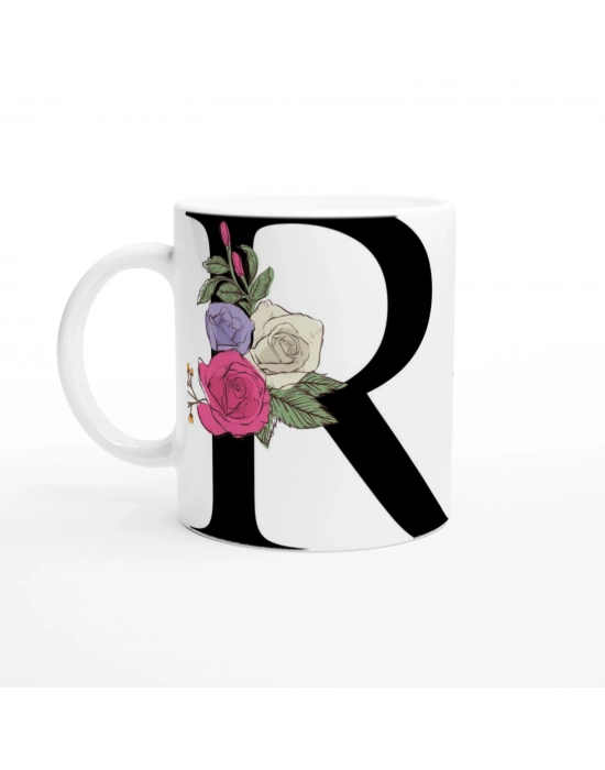 R Harfi Çiçek Süslemeli Harfli Kupa Bardak