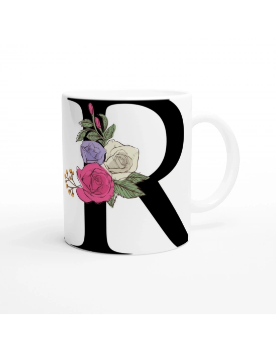 R Harfi Çiçek Süslemeli Harfli Kupa Bardak