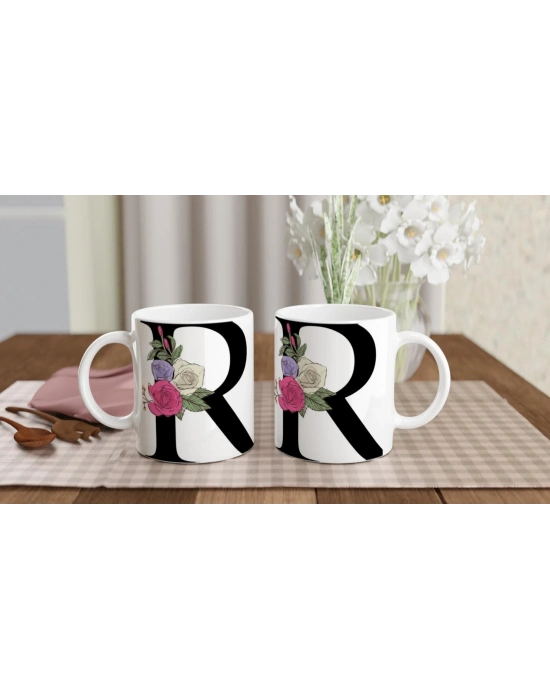 R Harfi Çiçek Süslemeli Harfli Kupa Bardak
