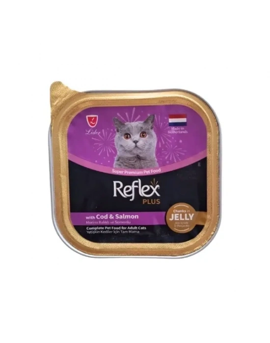Reflex Plus Jöle İçinde Parça Morina Balıklı ve Somonlu Yetişkin Konserve Kedi Maması 85 Gr 1 Adet