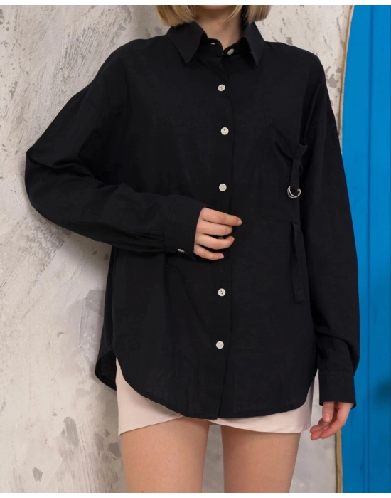 Relax fit keten gömlek siyah s255349