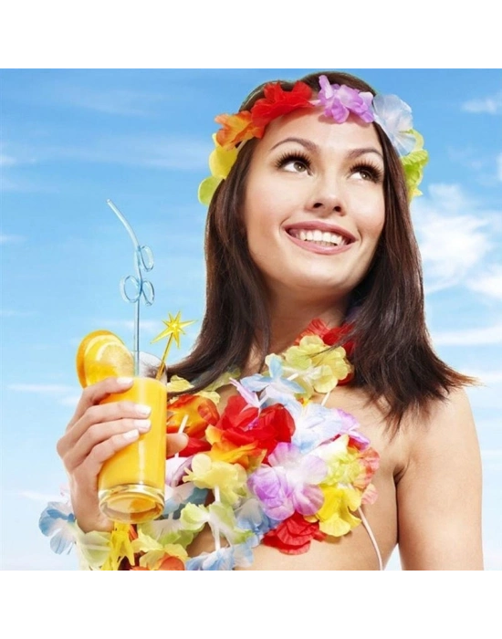 Rengarenk Hawaii Kolye Taç Bileklik Seti 4 Parça