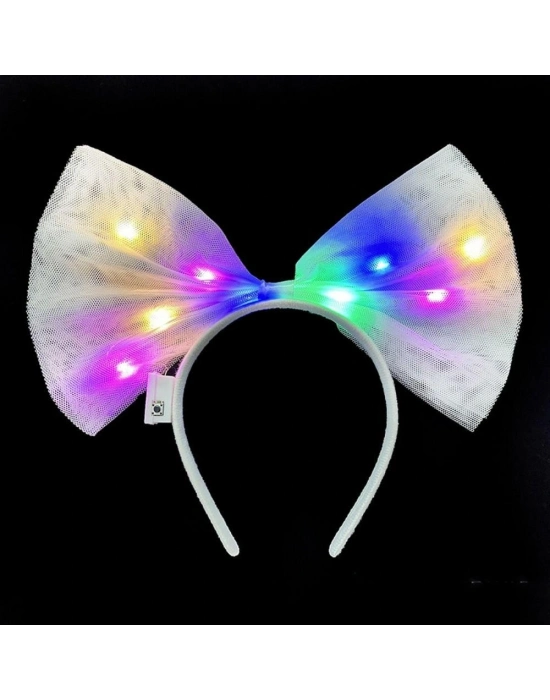 Rengarenk Led Işıklı Fiyonk Şekilli Tül Parti Tacı Beyaz Renk 25x25 Cm