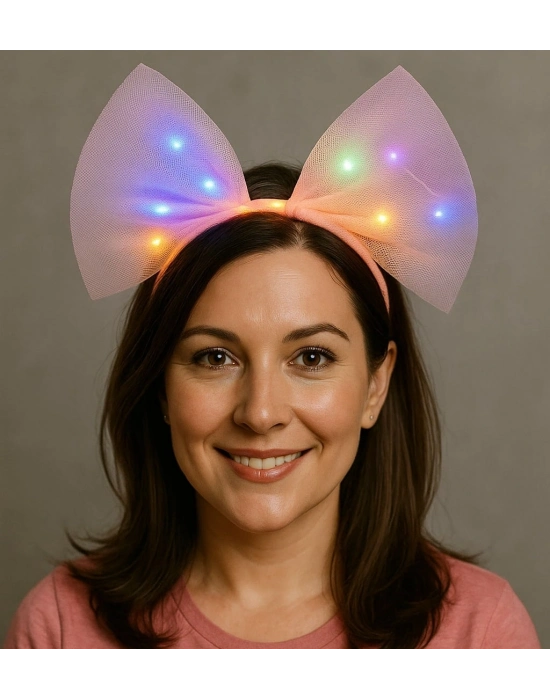 Rengarenk Led Işıklı Fiyonk Şekilli Tül Parti Tacı Pembe Renk 25x25 Cm