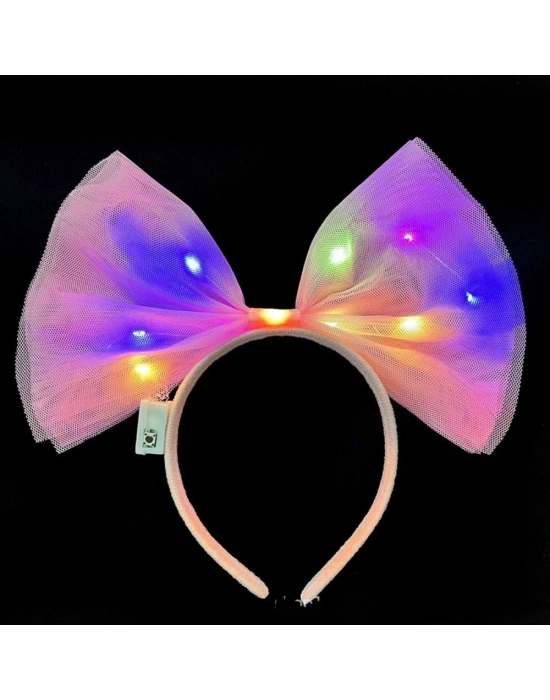 Rengarenk Led Işıklı Fiyonk Şekilli Tül Parti Tacı Pembe Renk 25x25 Cm