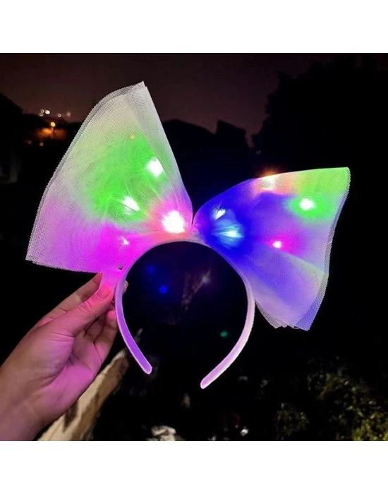 Rengarenk Led Işıklı Fiyonk Tül Parti Tacı Beyaz