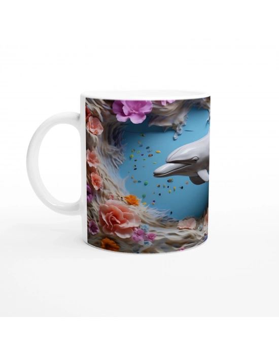 Rengarenk Mercanlar Arasında Neşeli Yunus Temalı Su Altı Kupa Bardak