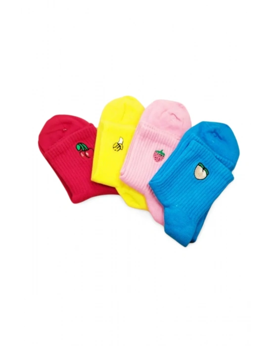 Rengarenk Neşeli Meyve Baskılı Kadın Soket Çorap 4 Çift