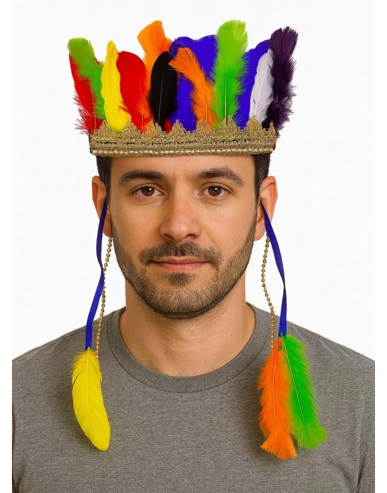 Rengarenk Tüylerle İşlenmiş Lastikli Kızılderili Başlığı