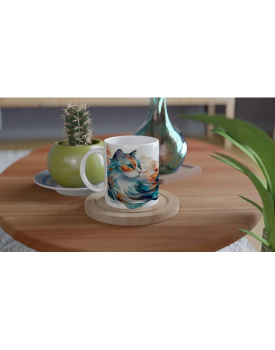 Renk Dalgaları Arasında Büyüleyici Kedi Temalı Baskılı Kupa Bardak