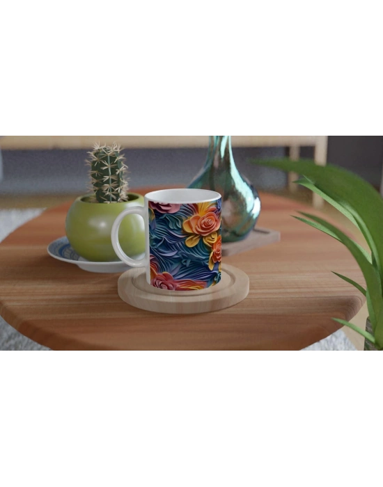 Renk Patlaması Gül Desenli Kupa Bardak